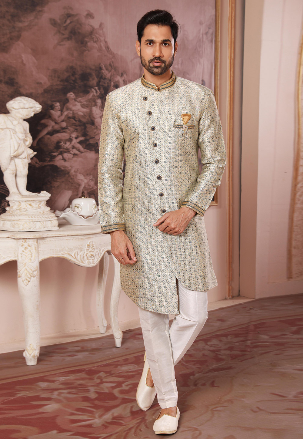 Cream Jacquard Silk Indo Western Suit 255670