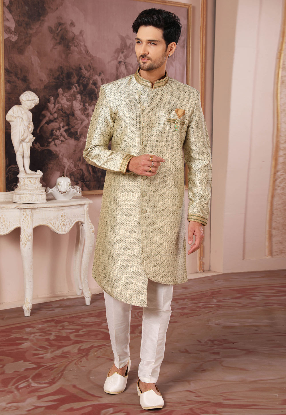 Cream Jacquard Silk Indo Western Suit 255671
