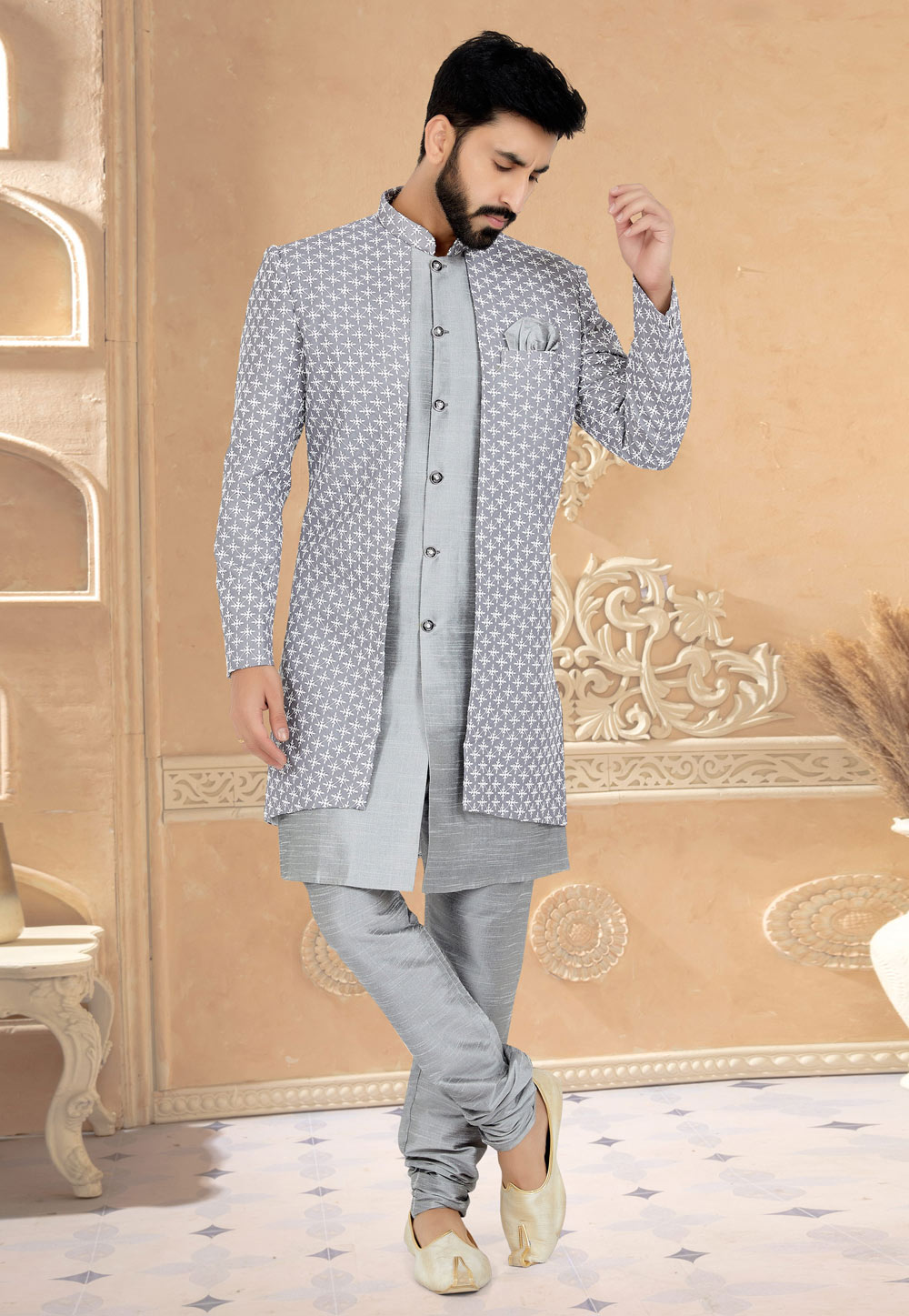 Grey Georgette Jacket Style Sherwani 263256