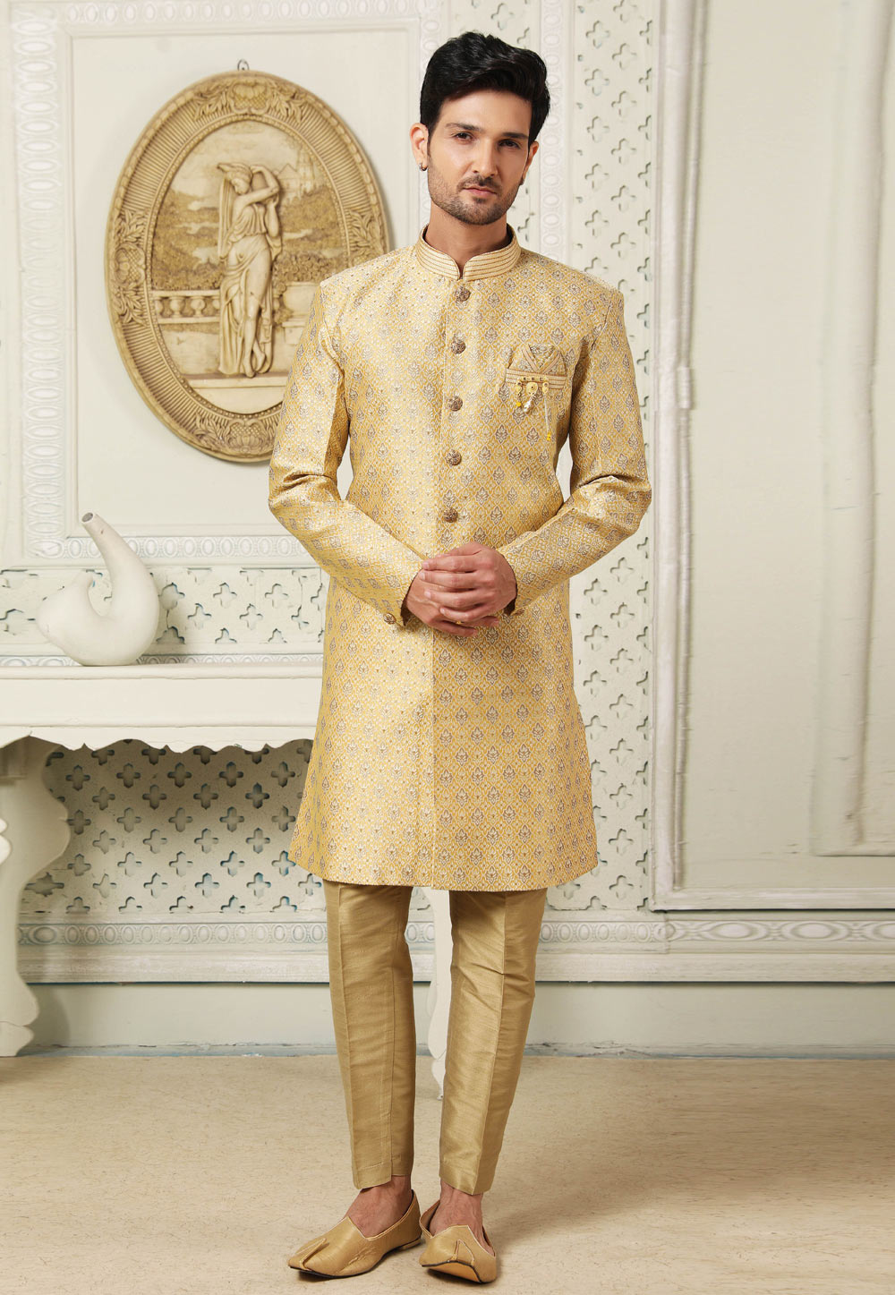Yellow Jacquard Silk Indo Western Suit 255675