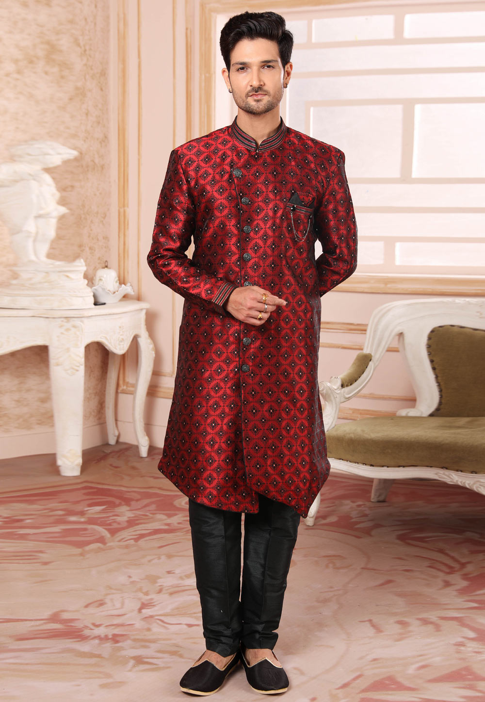 Maroon Jacquard Silk Indo Western Suit 255676