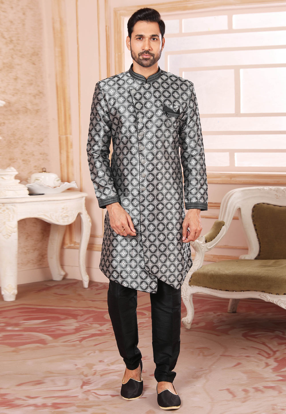 Grey Jacquard Silk Indo Western Suit 255677