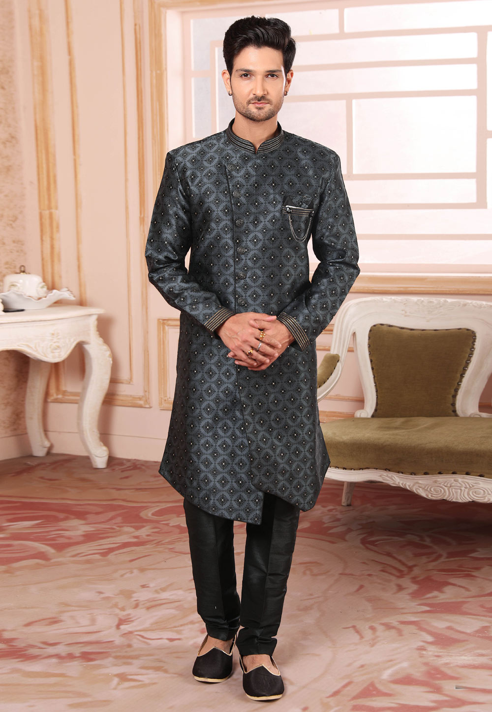 Grey Jacquard Silk Indo Western Suit 255678