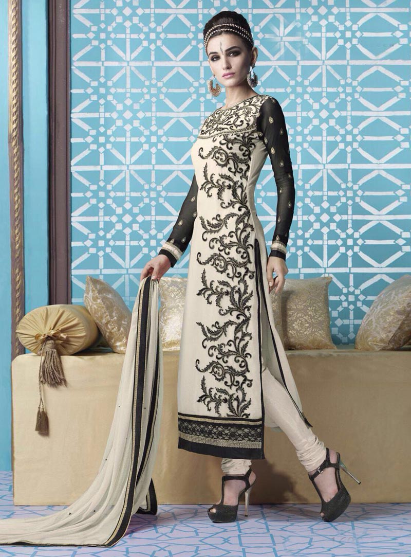 Off White Georgette Straight Cut Suit 75090
