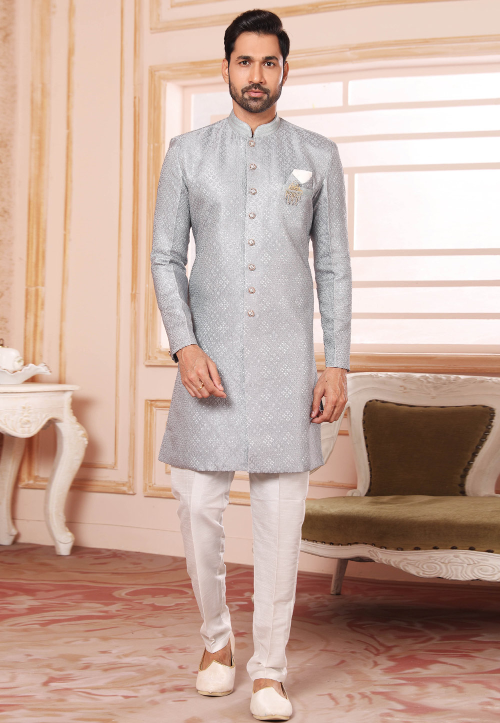 Grey Jacquard Silk Indo Western Suit 255681