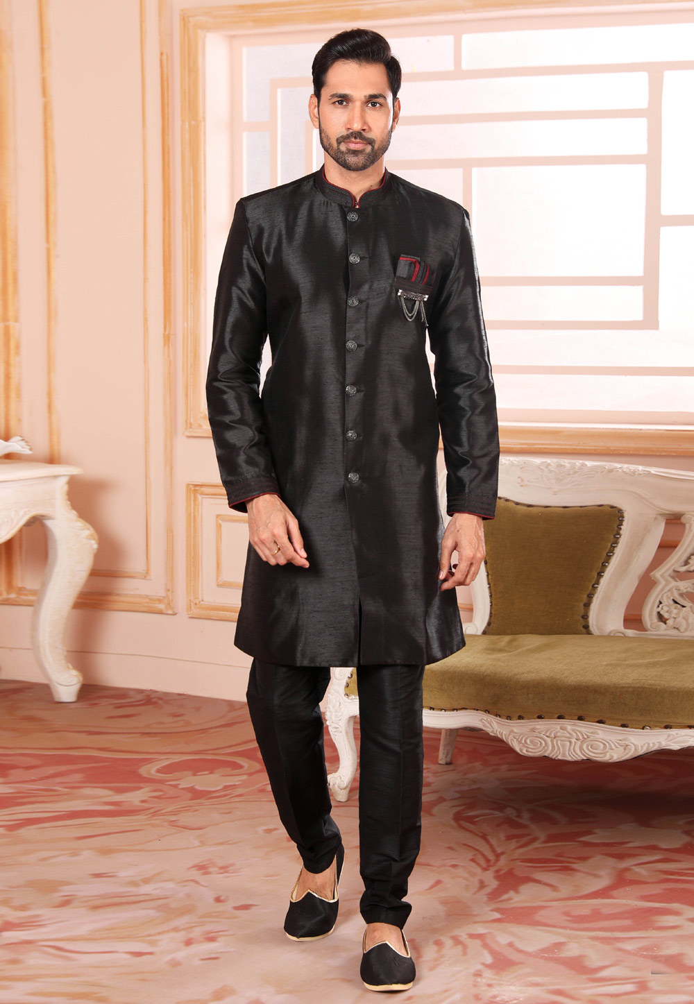 Black Raw Silk Indo Western Suit 255682