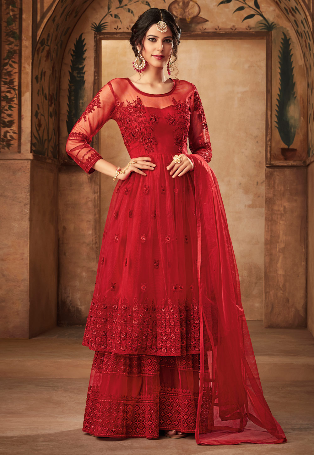 Red Net Embroidered Sharara Suit 165567