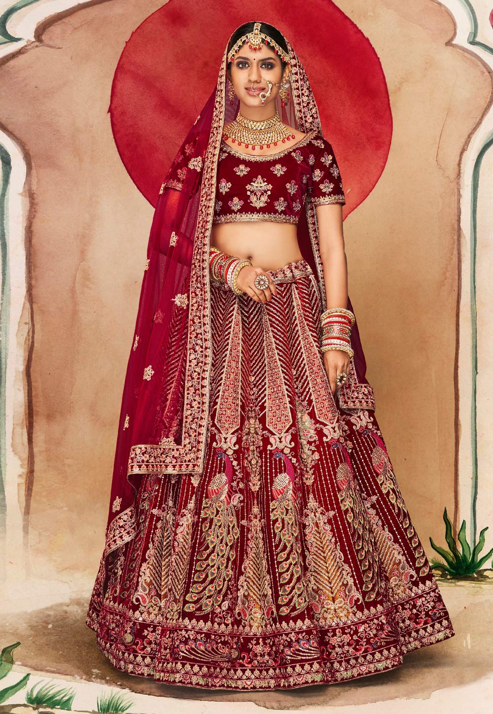 Maroon Velvet Embroidered Bridal Lehenga Choli 249922