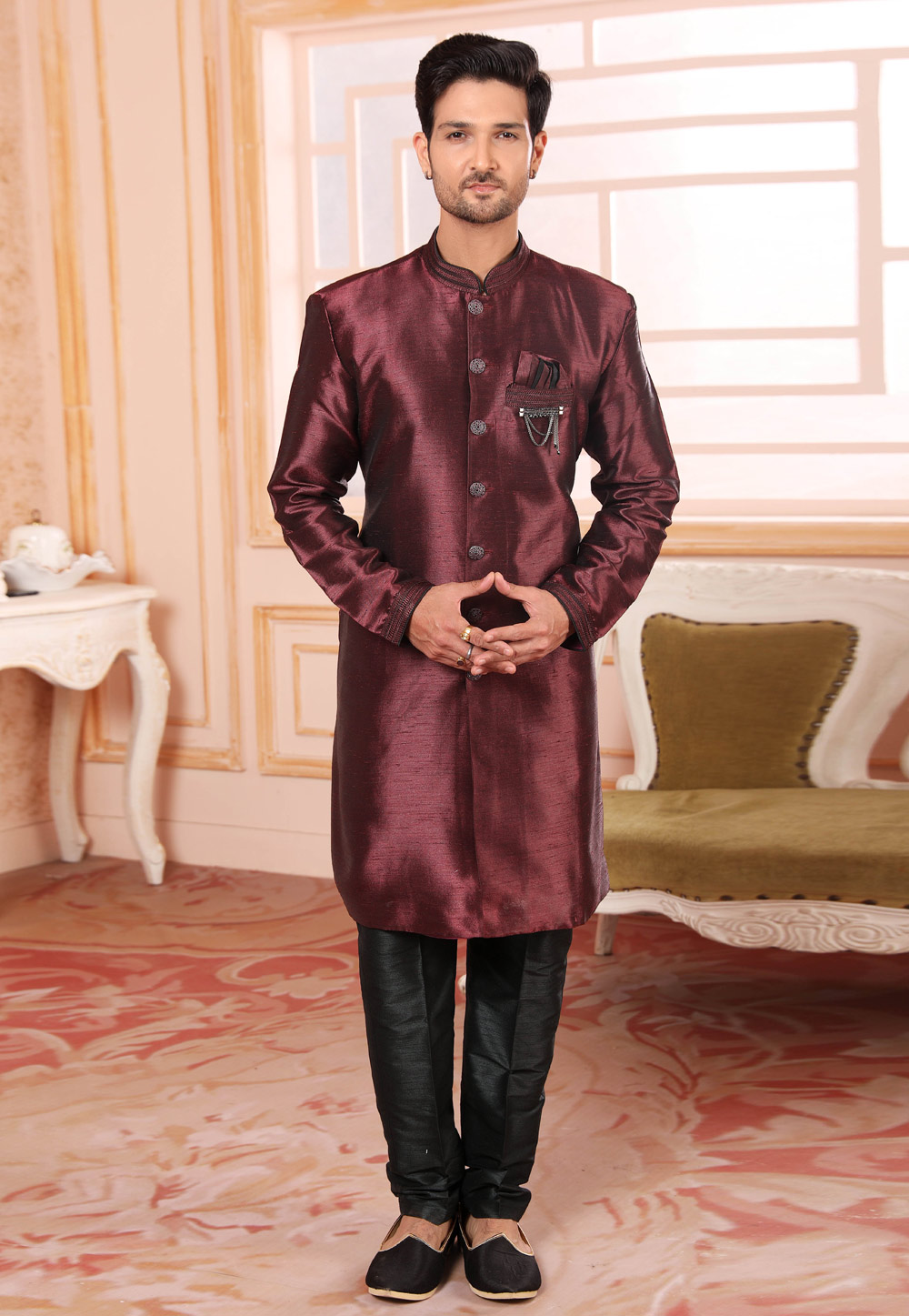 Wine Raw Silk Indo Western Suit 255683