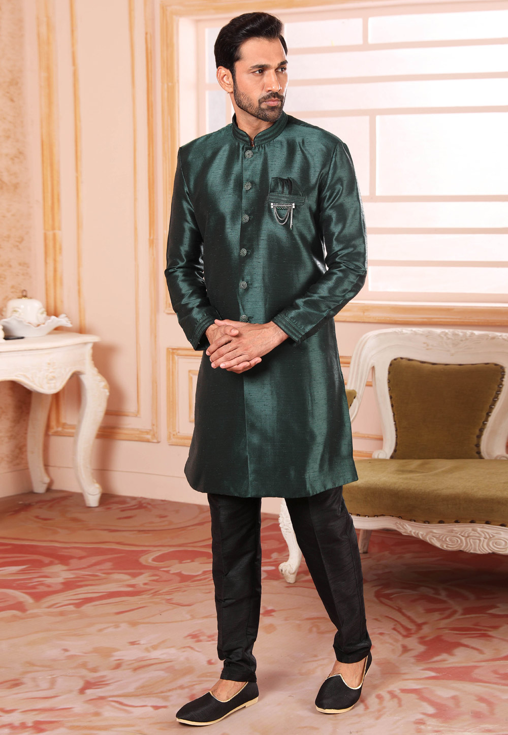 Green Raw Silk Indo Western Suit 255684