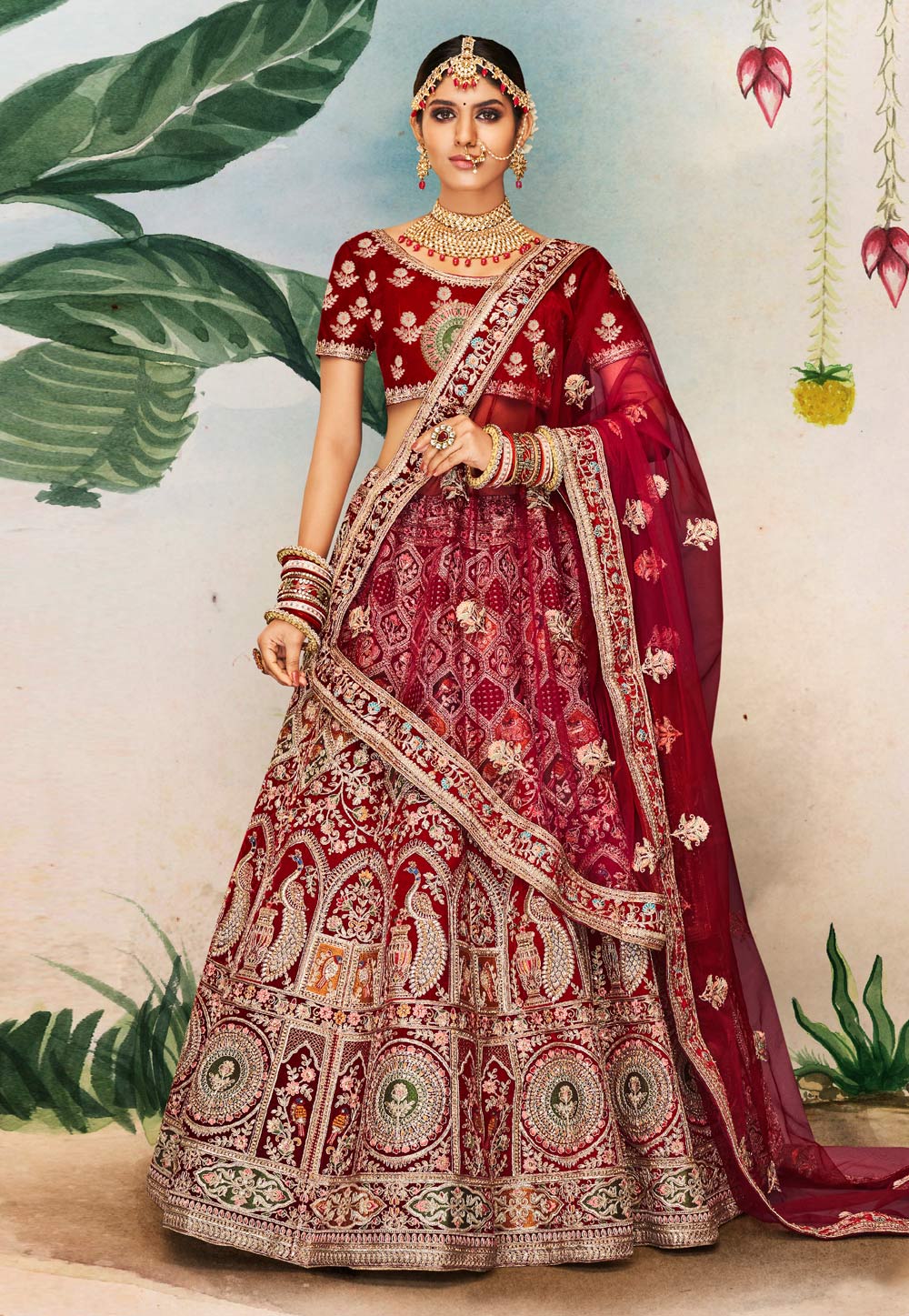 Maroon Velvet Embroidered Bridal Lehenga Choli 249923