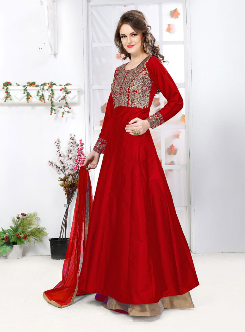 Red Silk Indo Western Anarkali Suit 77186