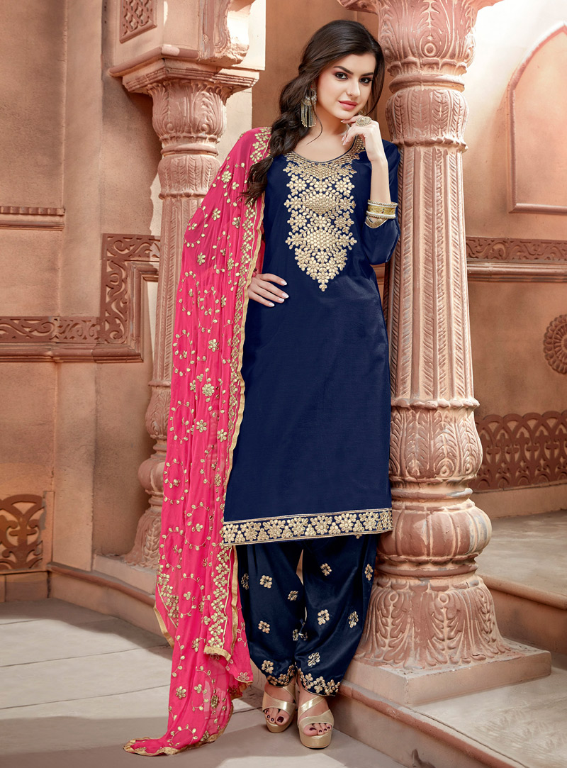 Navy Blue Chanderi Punjabi Suit 127359