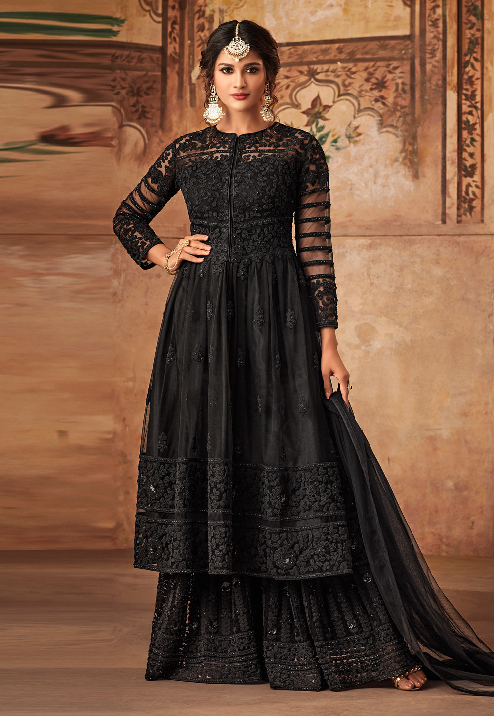 Black Net Embroidered Sharara Suit 165569