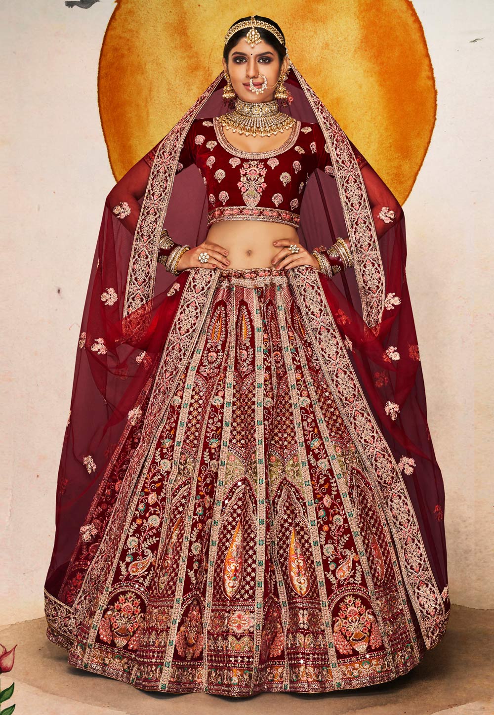 Maroon Velvet Embroidered Bridal Lehenga Choli 249924