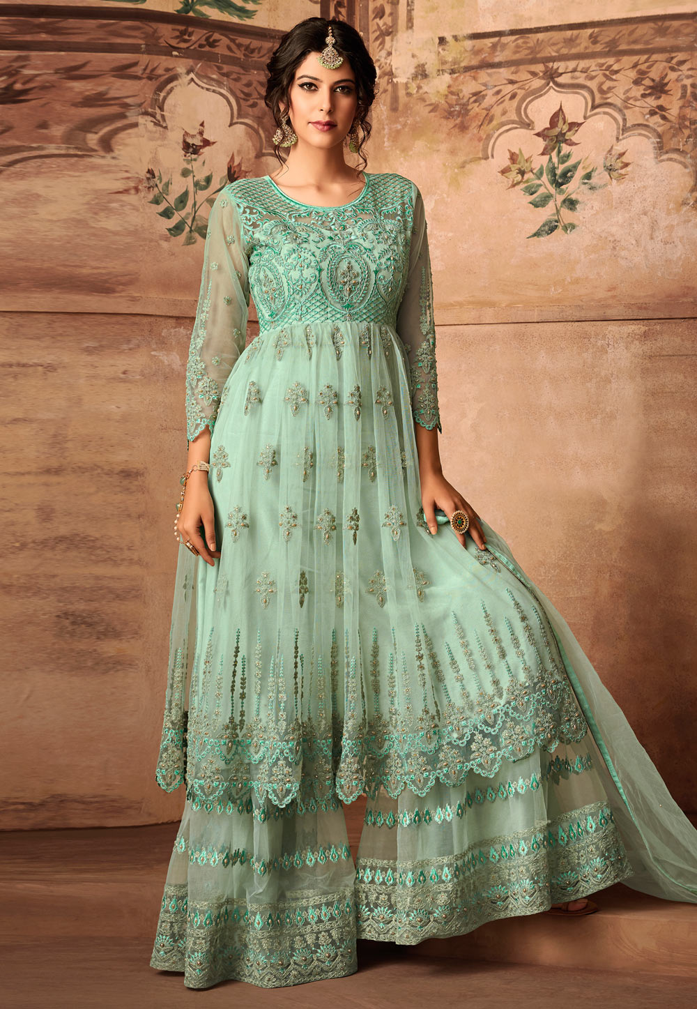 Sea Green Net Embroidered Sharara Suit 165570