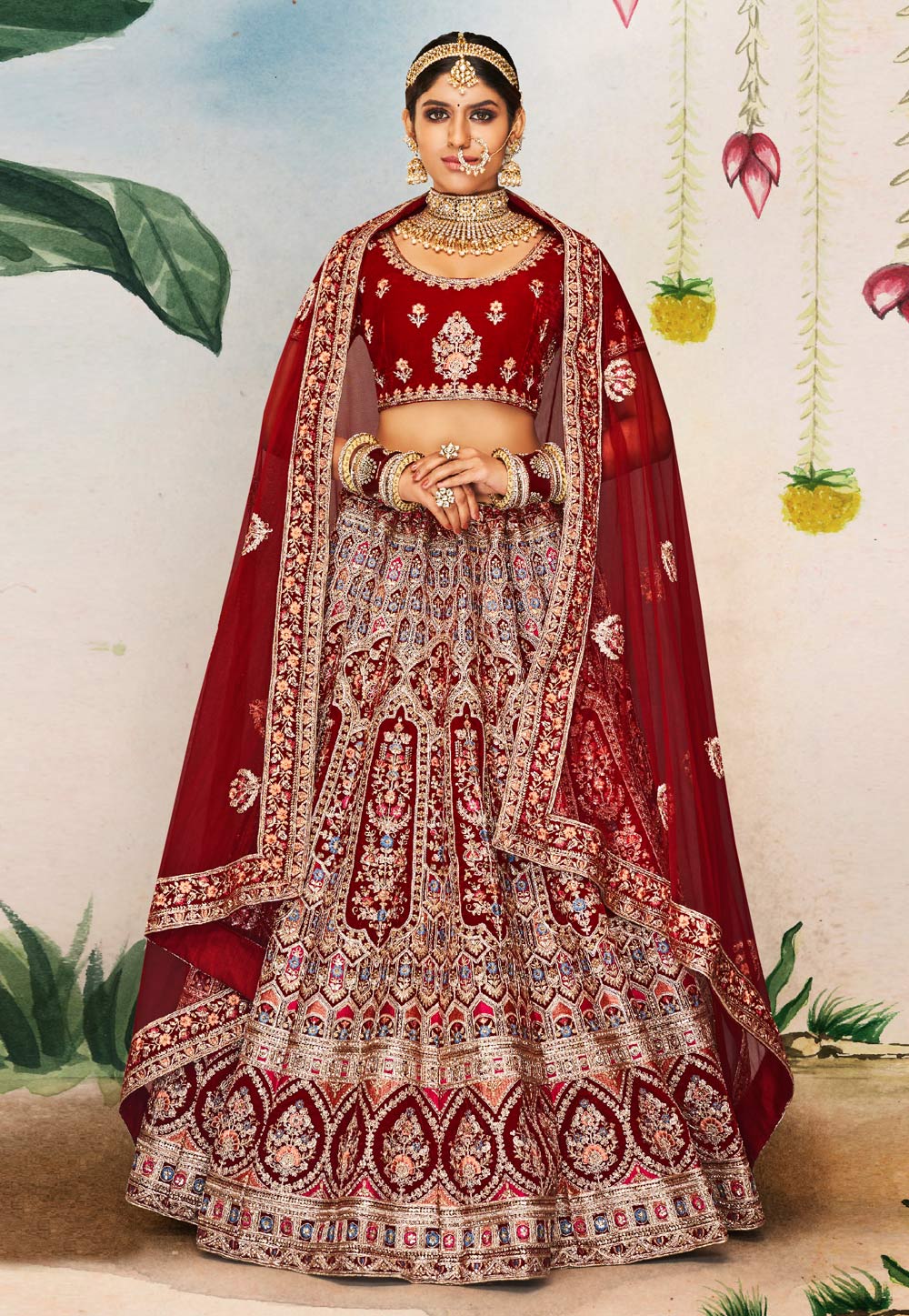 Maroon Velvet Embroidered Bridal Lehenga Choli 249925