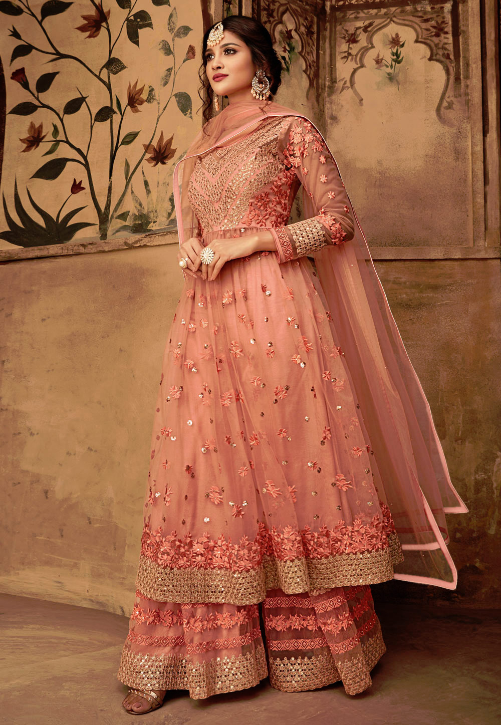 Peach Net Embroidered Readymade Sharara Suit 165571