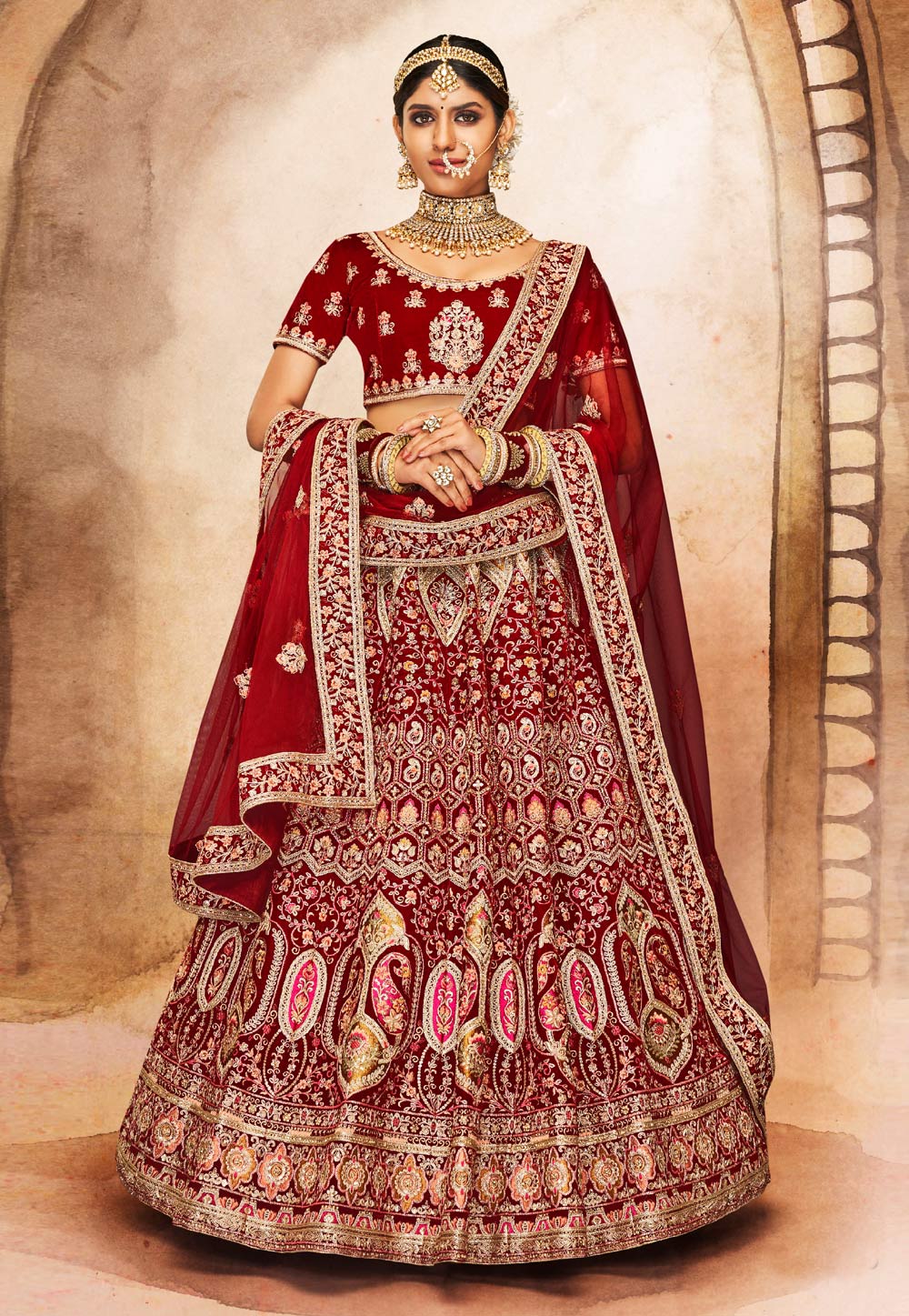 Maroon Velvet Embroidered Bridal Lehenga Choli 249926