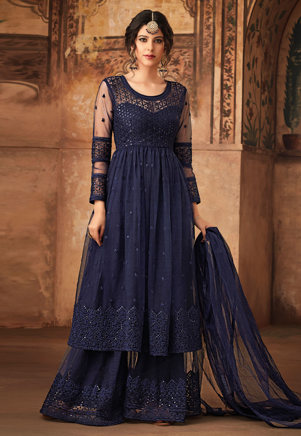 Navy Blue Net Embroidered Sharara Suit 165573