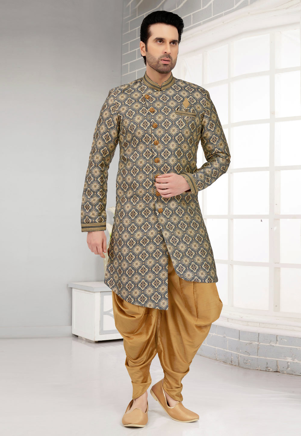 Grey Jacquard Dhoti Sherwani 276891