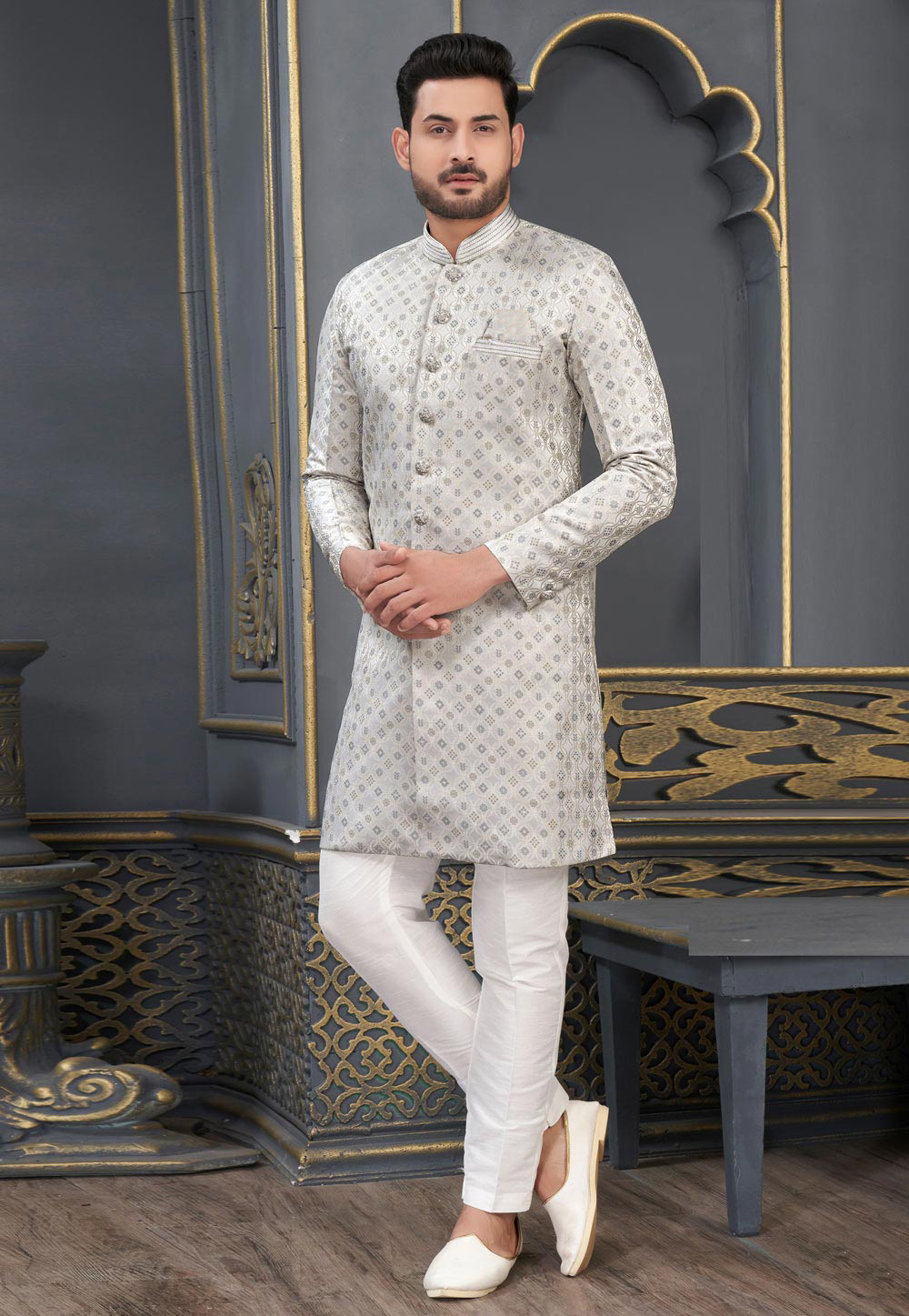 Off White Jacquard Indo Western Sherwani 276900