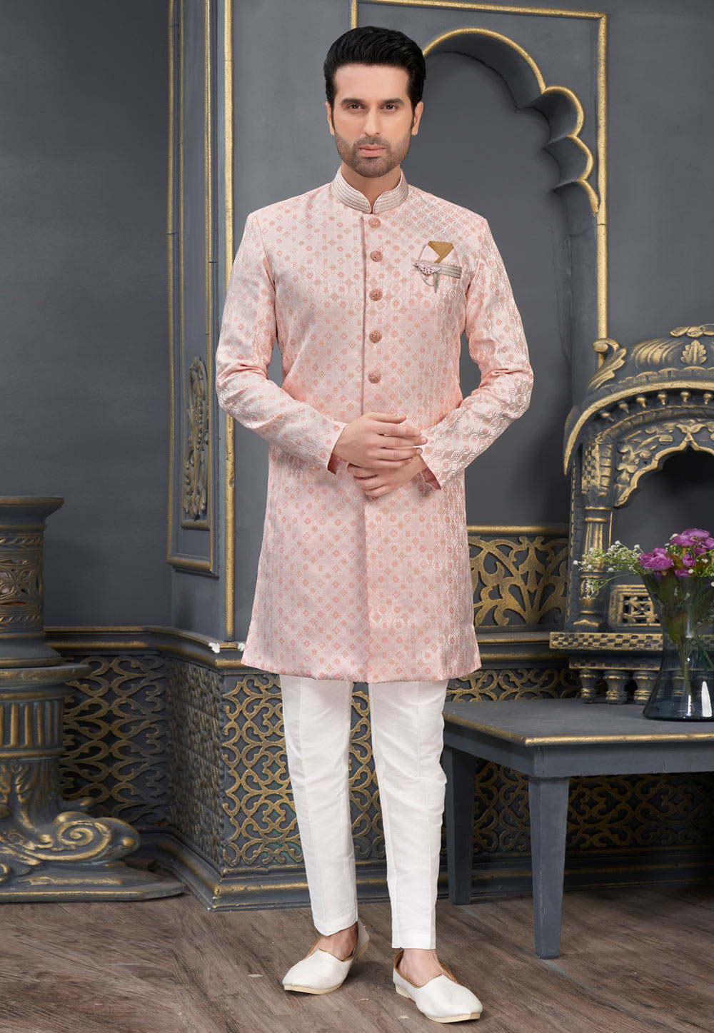 Light Pink Jacquard Indo Western Sherwani 276901