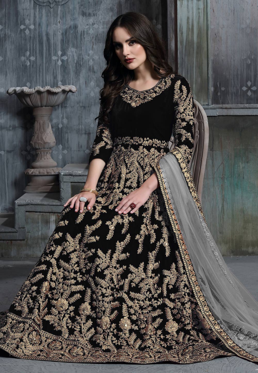 Buy Navy Blue Designer Wedding Wear Velvet Anarkali Suit | Anarkali Suits