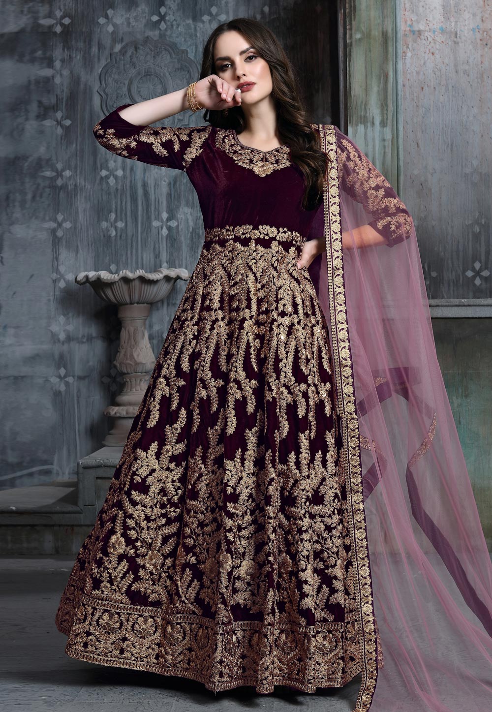Purple Velvet Embroidered Long Anarkali Suit 184121