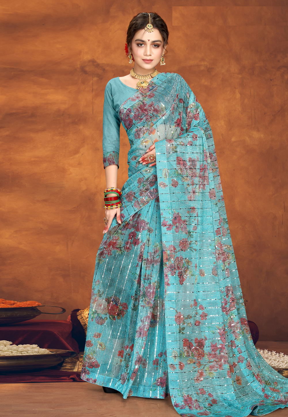 Sky Blue Soft Net Saree With Blouse 254839