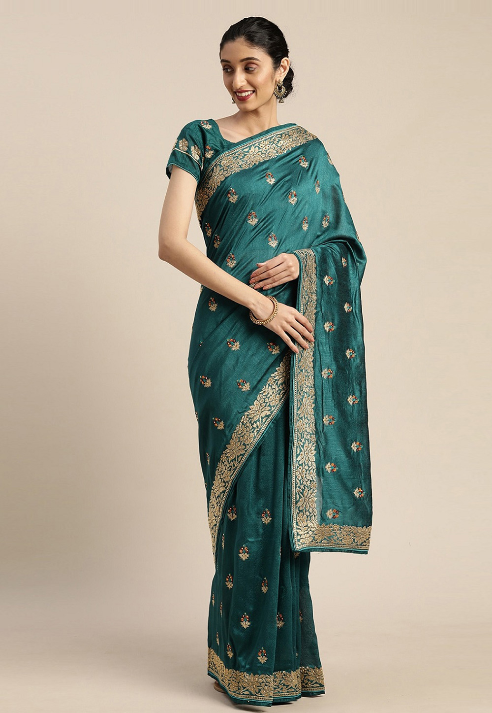 Green Crepe Saree With Blouse 218469