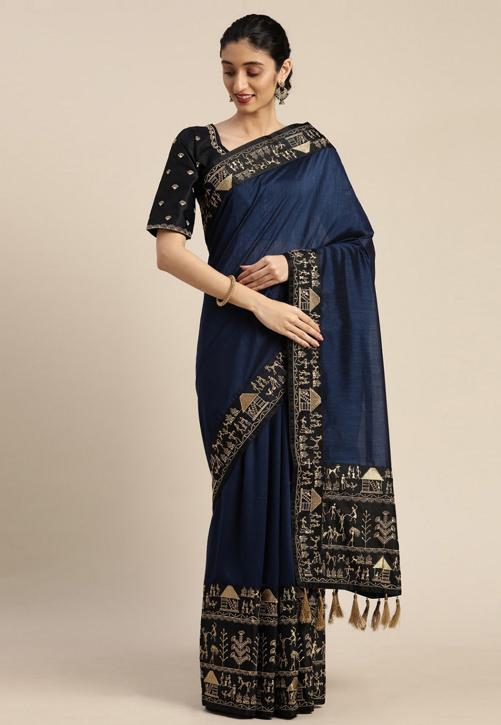 Navy Blue Crepe Saree With Blouse 218471