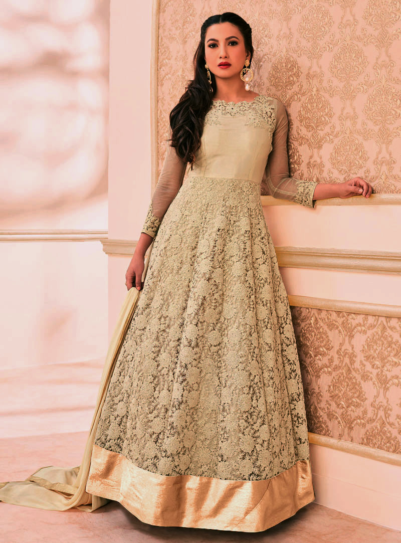 Gauhar Khan Beige Net Abaya Style Anarkali Suit 83481
