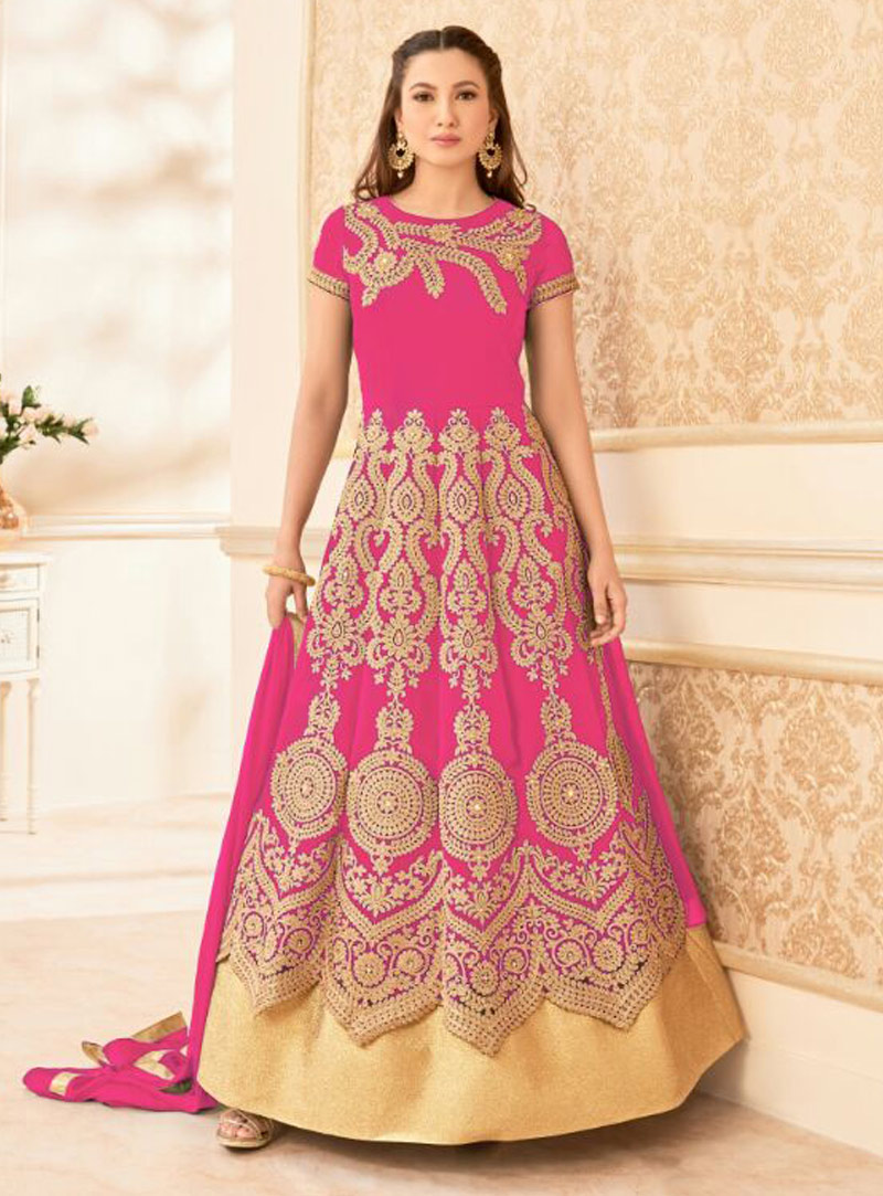 Gauhar Khan Pink Georgette Layer Anarkali Suit 86080
