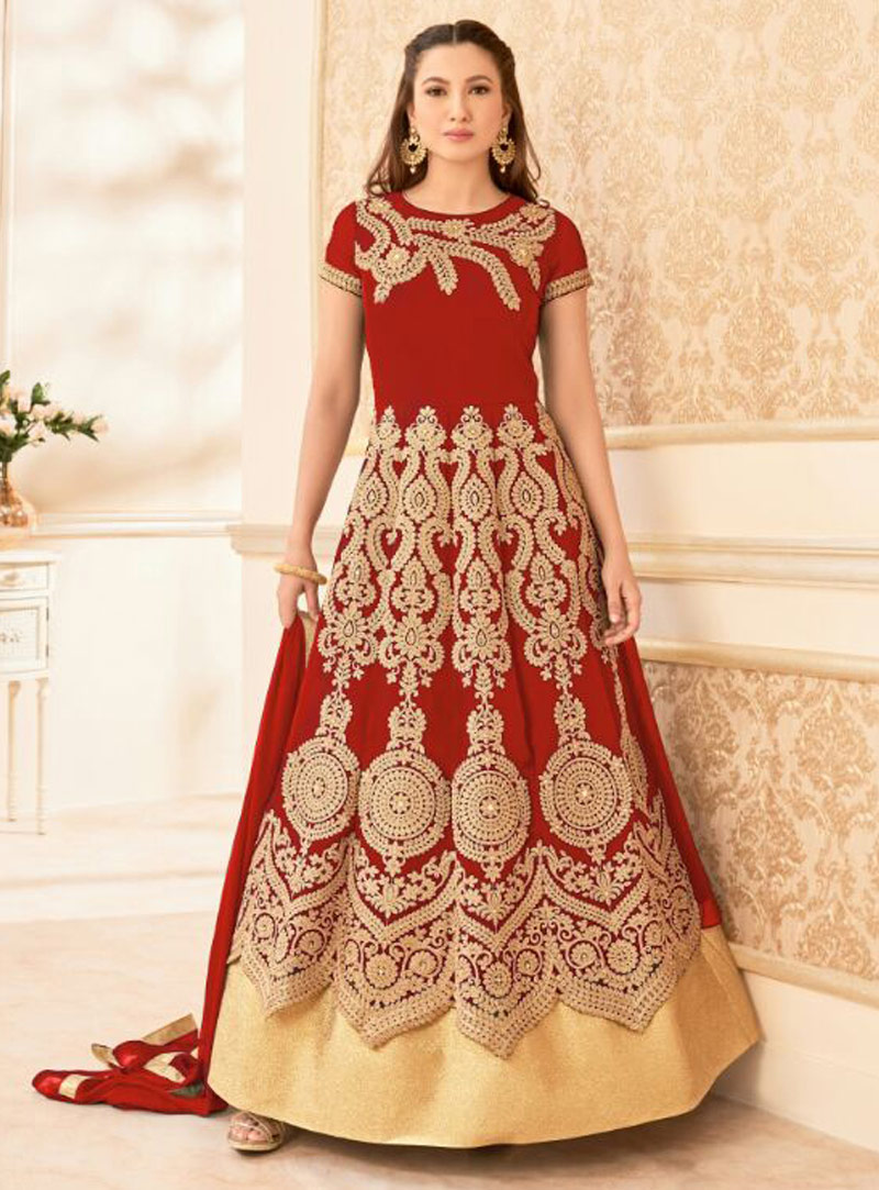 Gauhar Khan Red Georgette Layer Anarkali Suit 86082