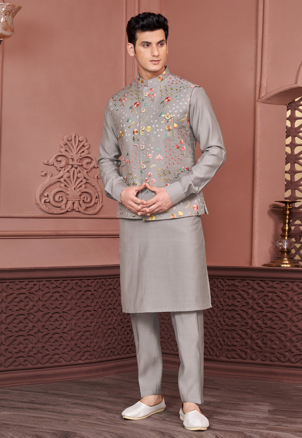 Grey Banarasi Silk Kurta Pajama With Jacket 276751