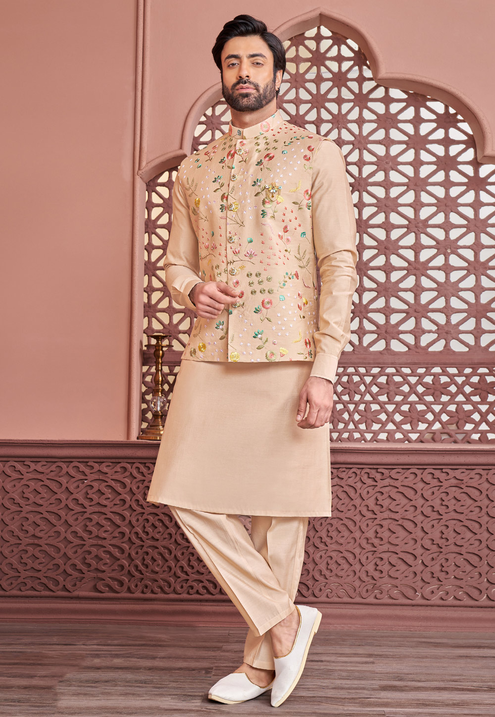 Peach Banarasi Silk Kurta Pajama With Jacket 276752