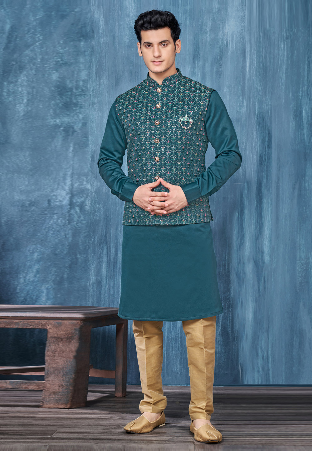 Teal Banarasi Silk Kurta Pajama With Jacket 276753