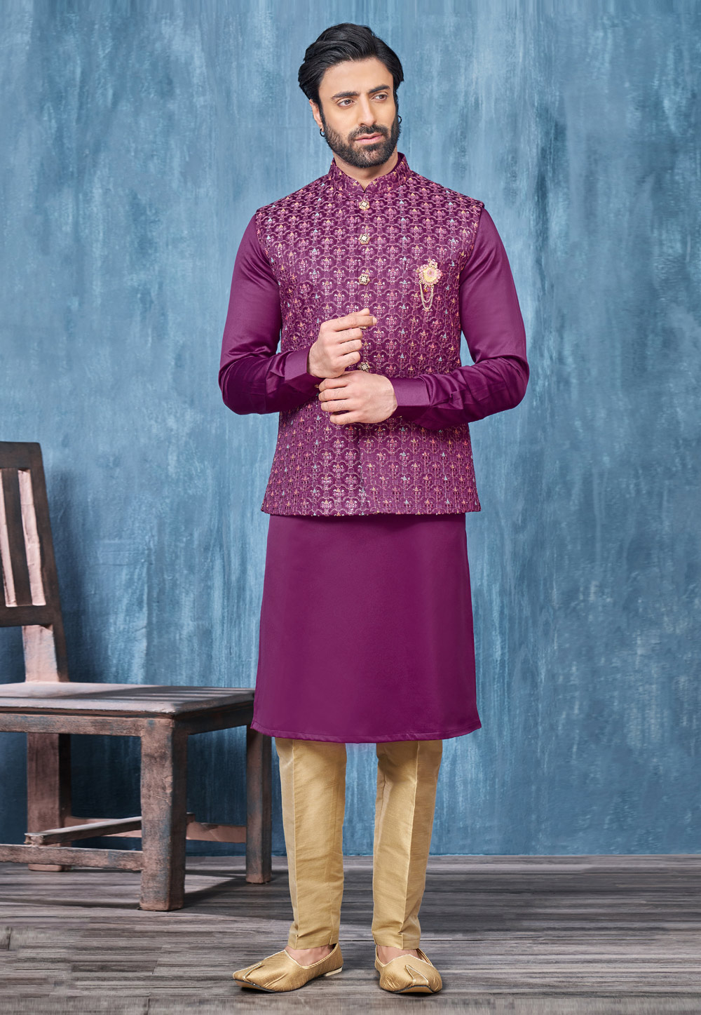 Purple Banarasi Silk Kurta Pajama With Jacket 276754