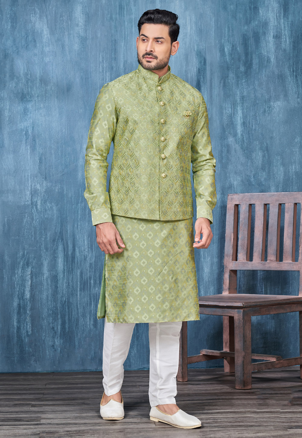 Pista Green Silk Kurta Pajama With Jacket 276755