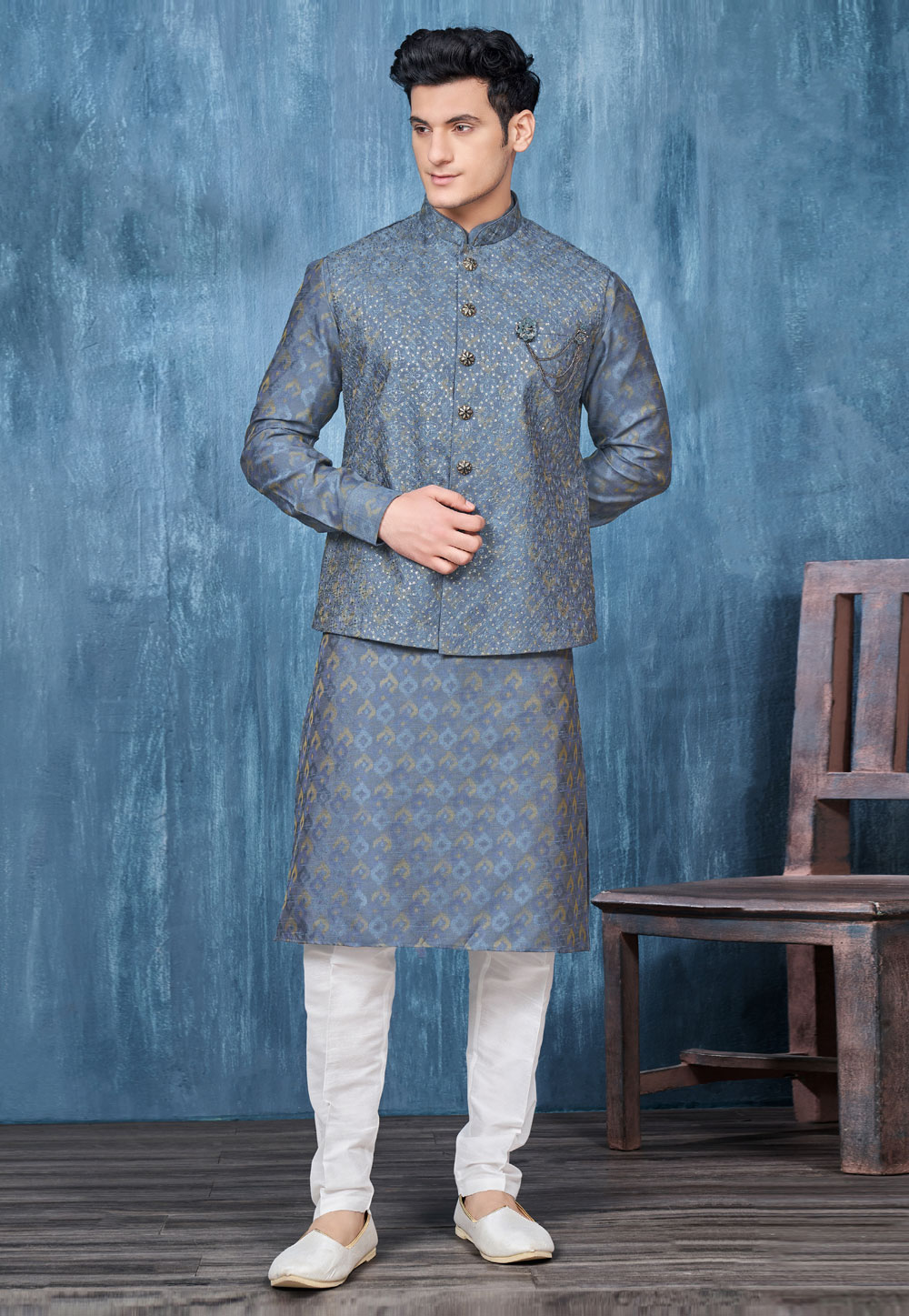Eid Collection Men's Kurta Pajama With Woven Jacket in Navy Blue Color  MKPA03512