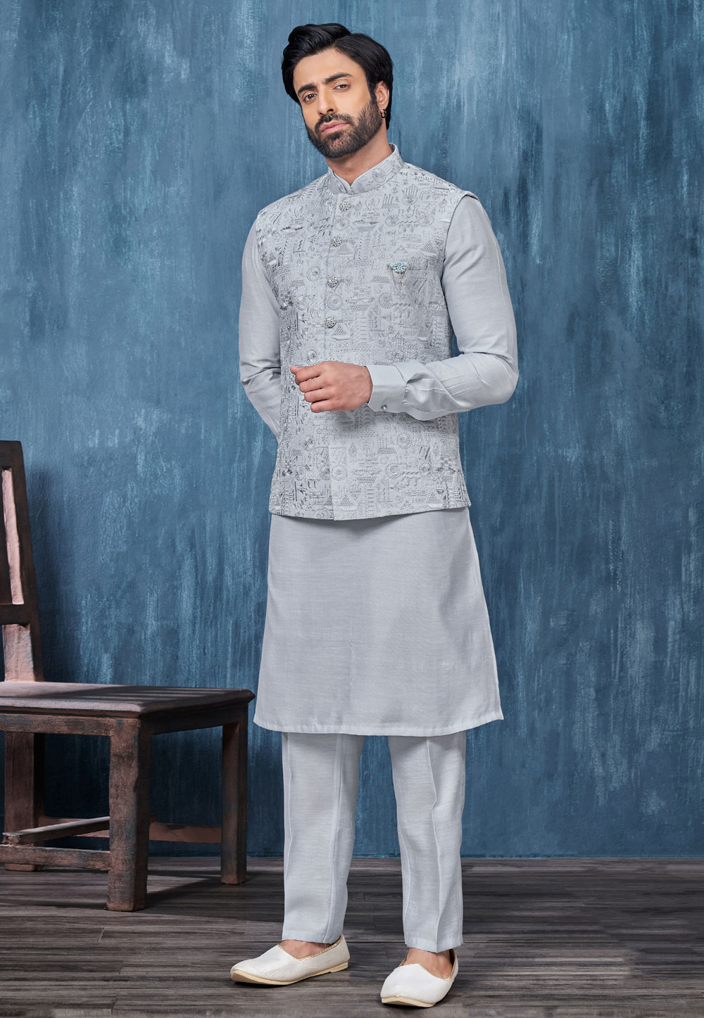 Grey Banarasi Silk Kurta Pajama With Jacket 276759