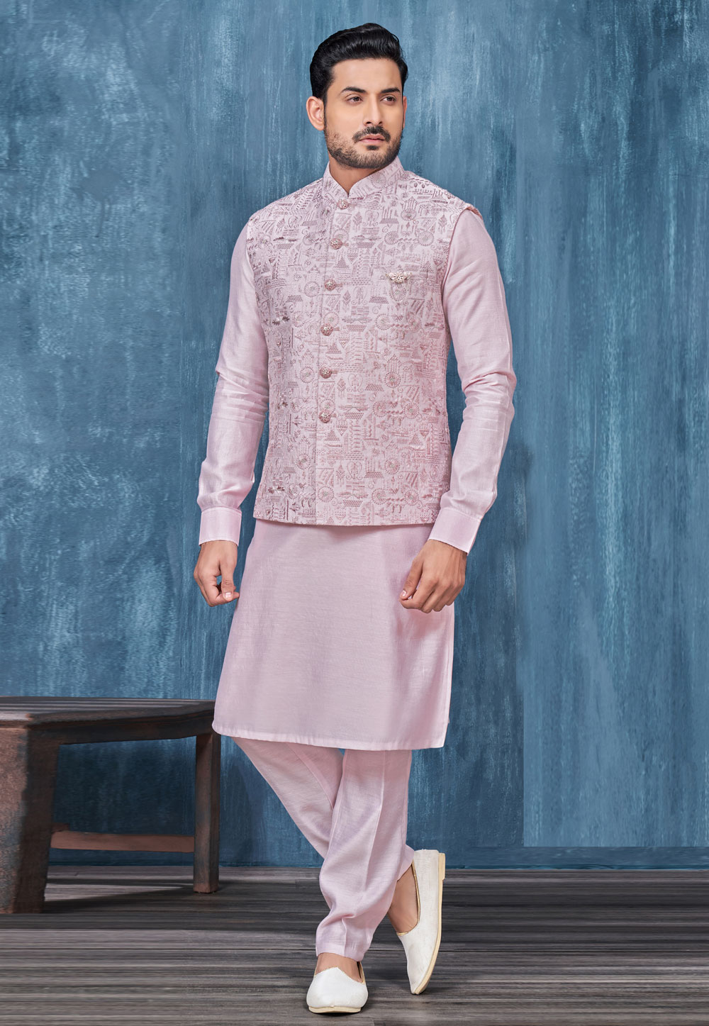 Lavender Banarasi Silk Kurta Pajama With Jacket 276760