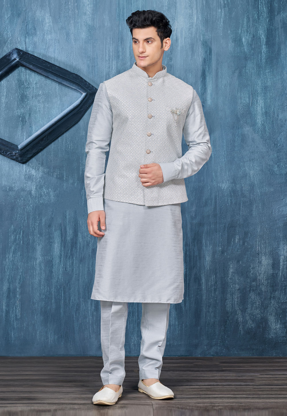 Grey Banarasi Silk Kurta Pajama With Jacket 276761