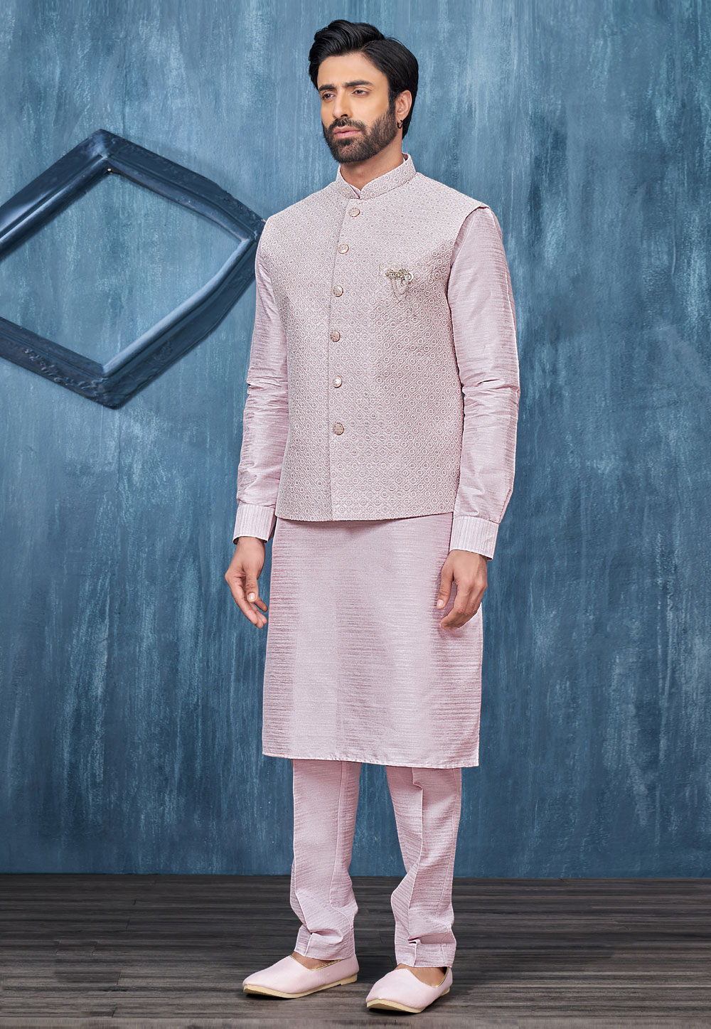Light Pink Banarasi Silk Kurta Pajama With Jacket 276762