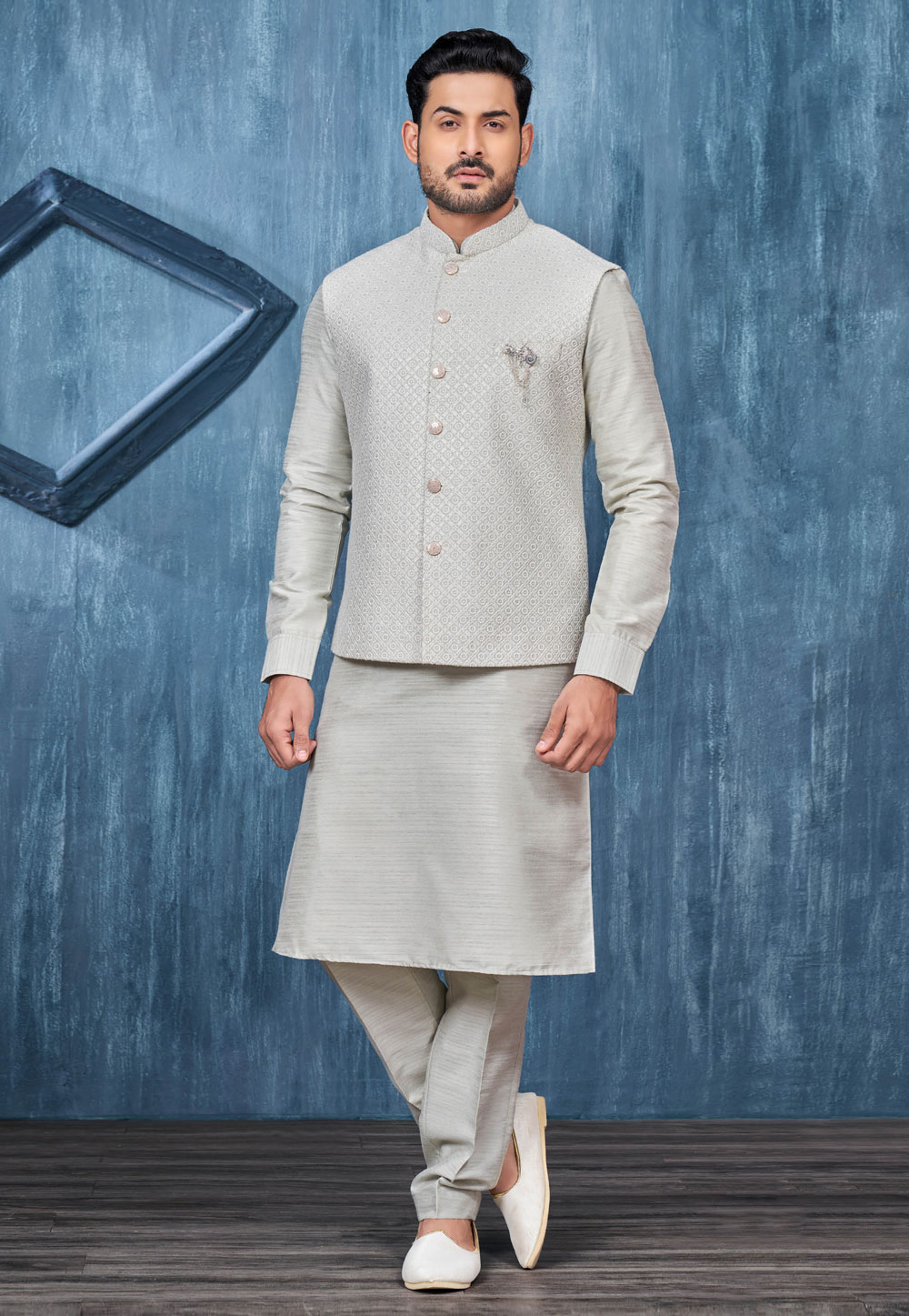 Grey Banarasi Silk Kurta Pajama With Jacket 276763