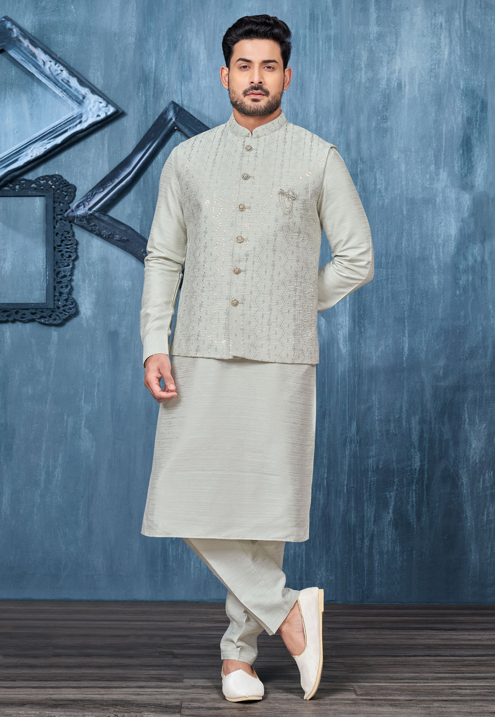 Grey Banarasi Silk Kurta Pajama With Jacket 276764