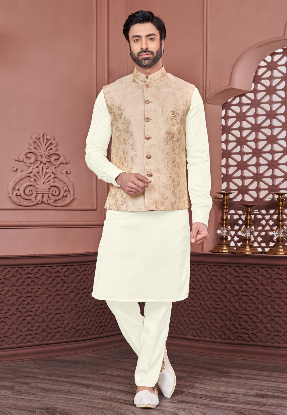 Buy Gold Cotton Silk Tussar Embroidered Rohaan Blossom Jacket Kurta Set For  Men by Bohame Online at Aza Fashions.