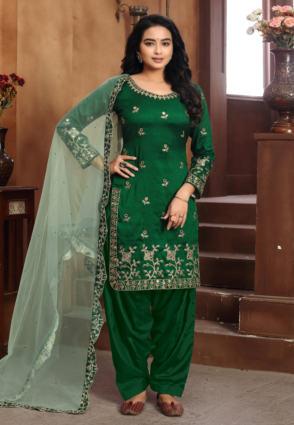 Green Art Silk Patiala Suit 218512