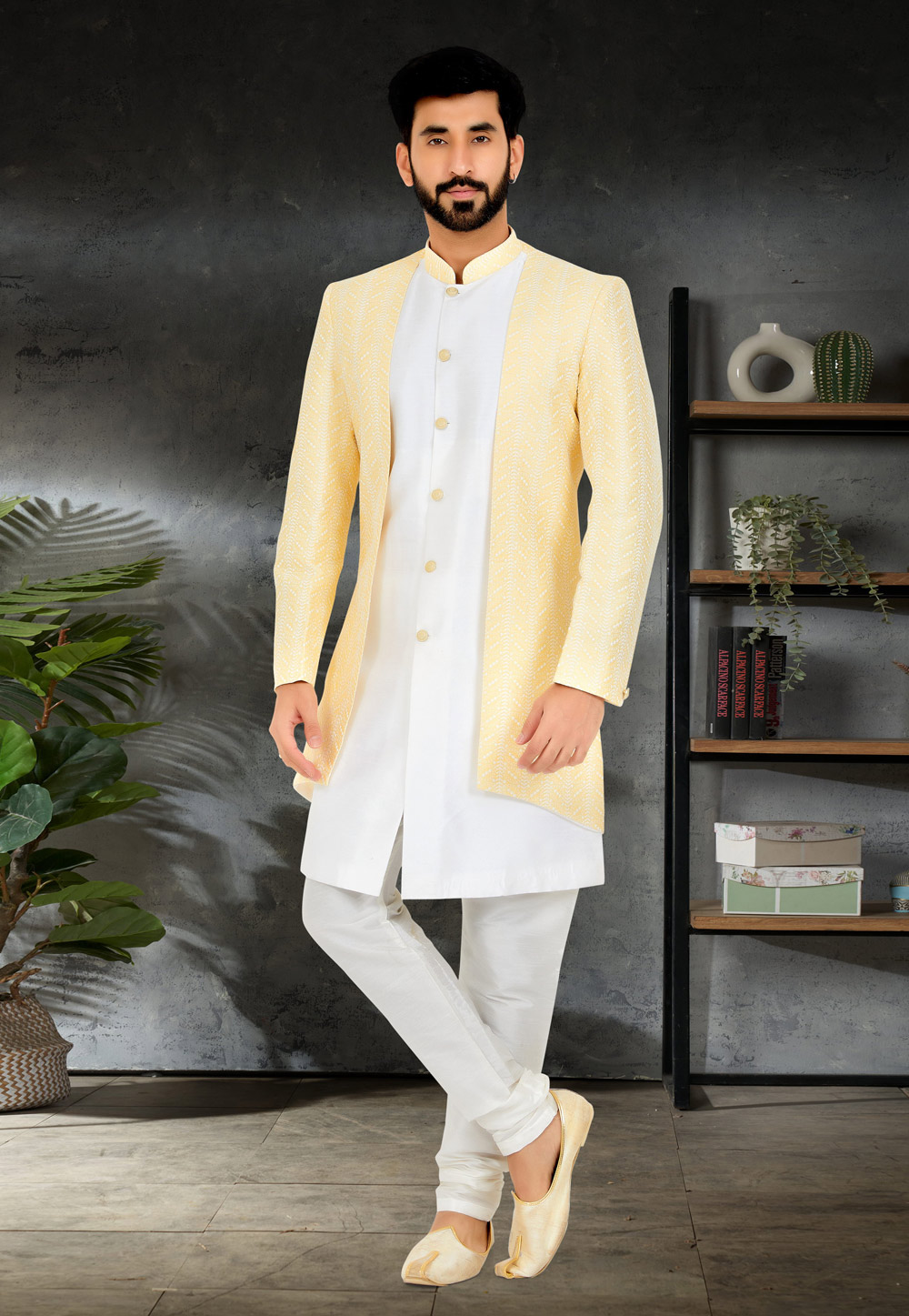 White Jacquard Silk Jacket Style Sherwani 263258